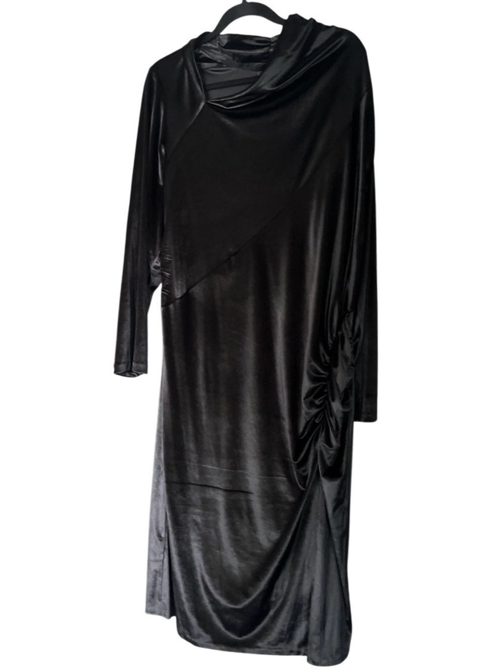 Donna Karan Black Long-Sleeve Velvet Ruched Midi Dress with Side Slit Size 24W - Picture 2 of 6